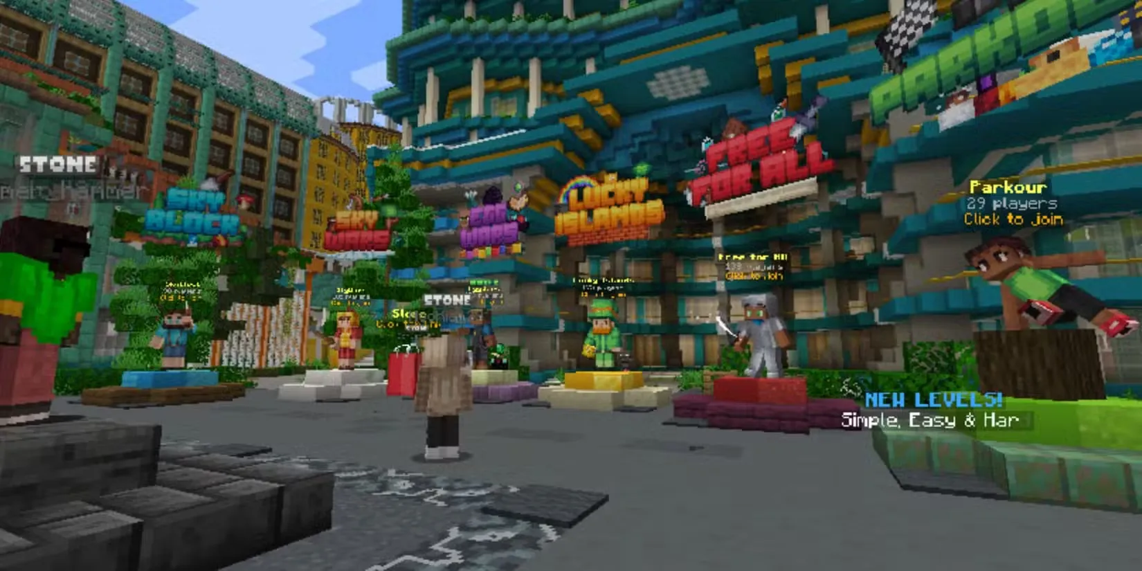 Busy Minecraft server lobby with multiple game portals